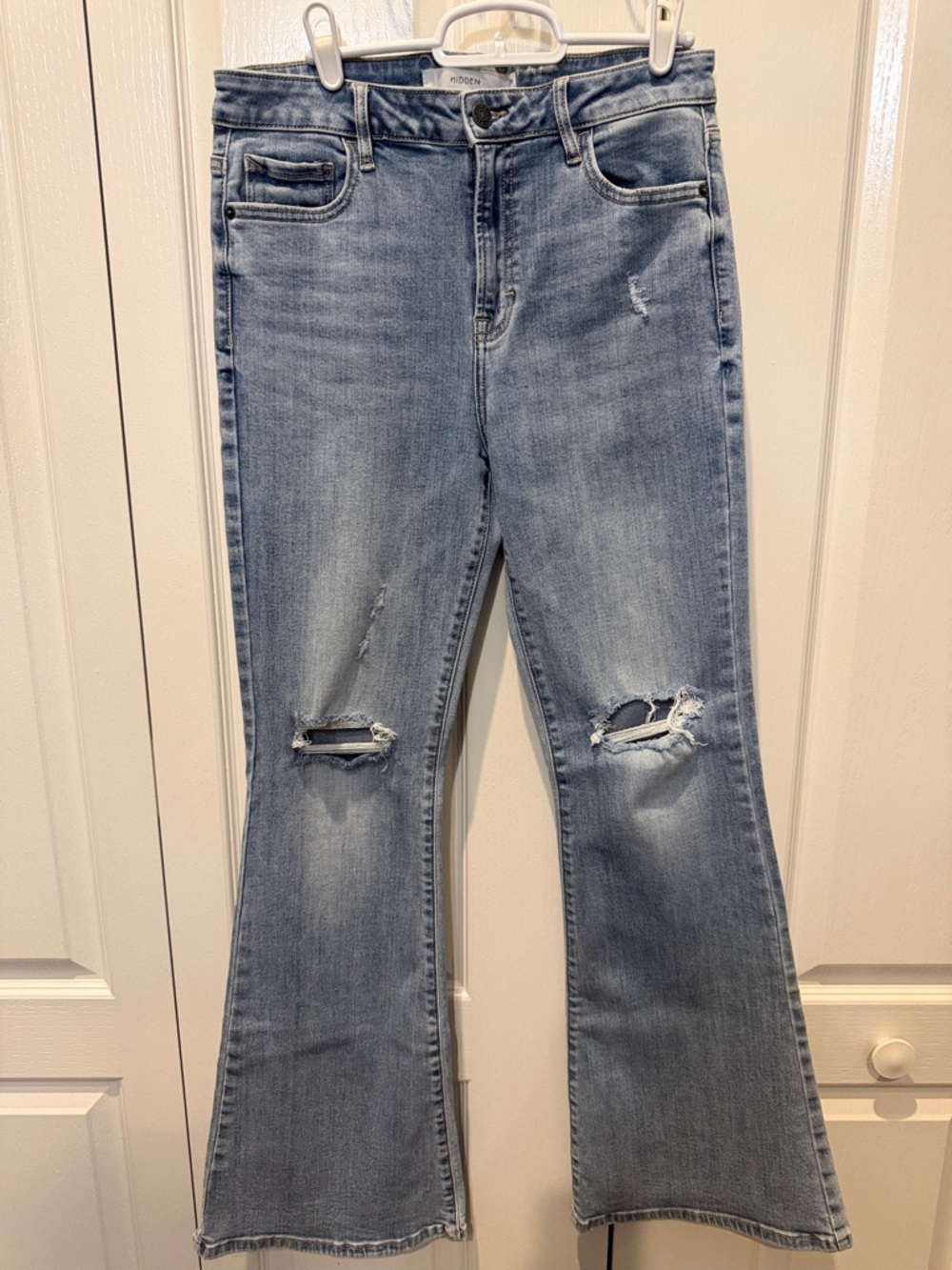 Hidden High-Rise Light Blue Distressed Flare Jeans 29